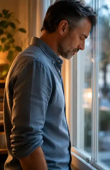 Ein Mann steht nachdenklich am Fenster.